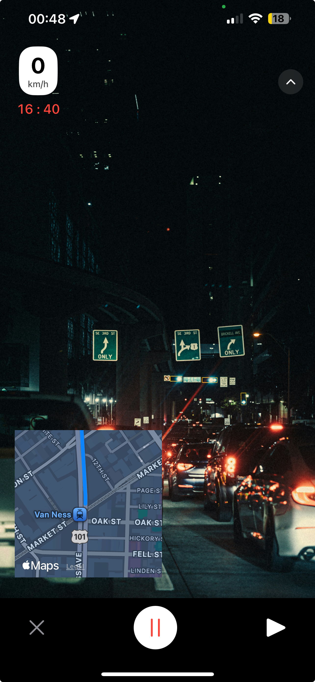 Recording controls, pause button, and map thumbnail