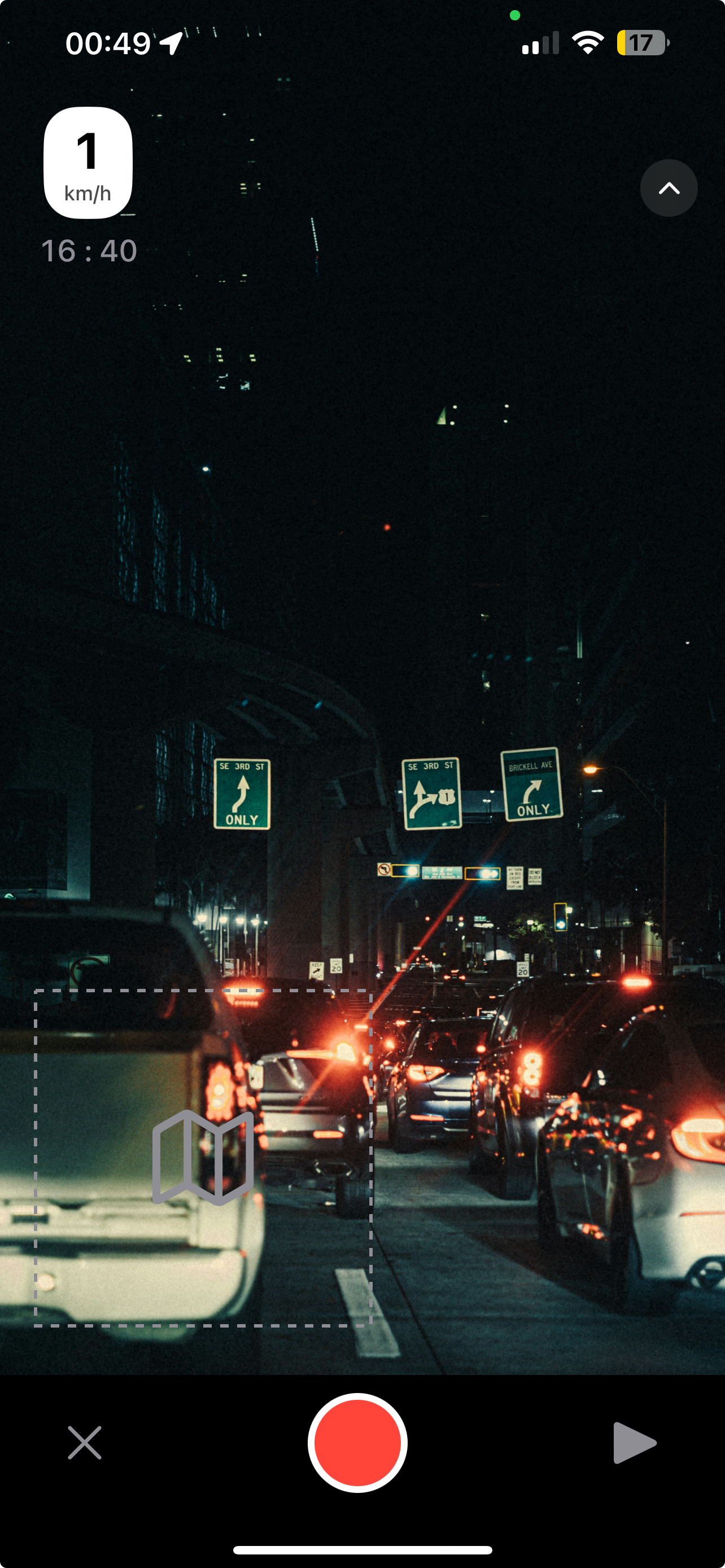 Camera-forward recording UI with speed and time overlay